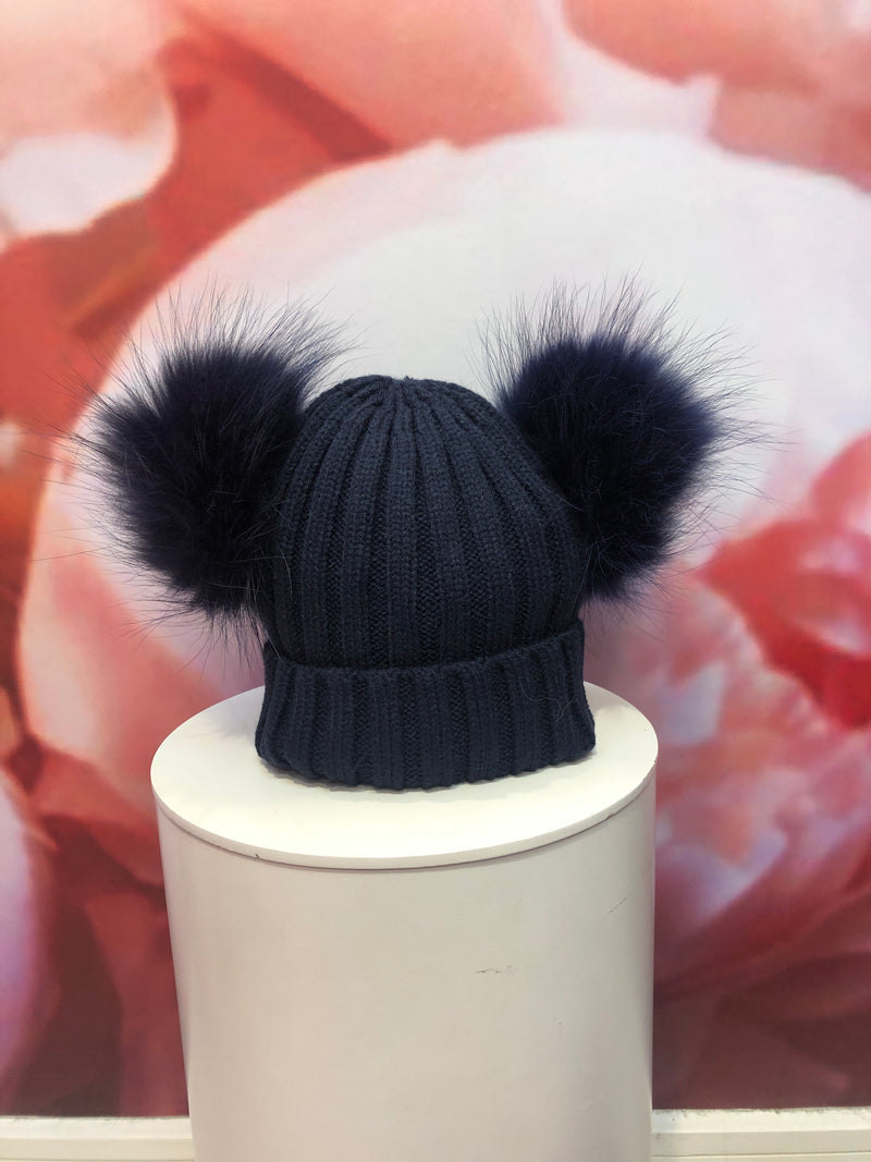 Double Pom Pom Hat in Navy