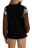 Black Sweater with High Neck and Leopard Print Detail on Sleeves