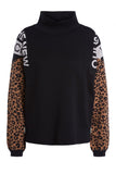 Black Sweater with High Neck and Leopard Print Detail on Sleeves