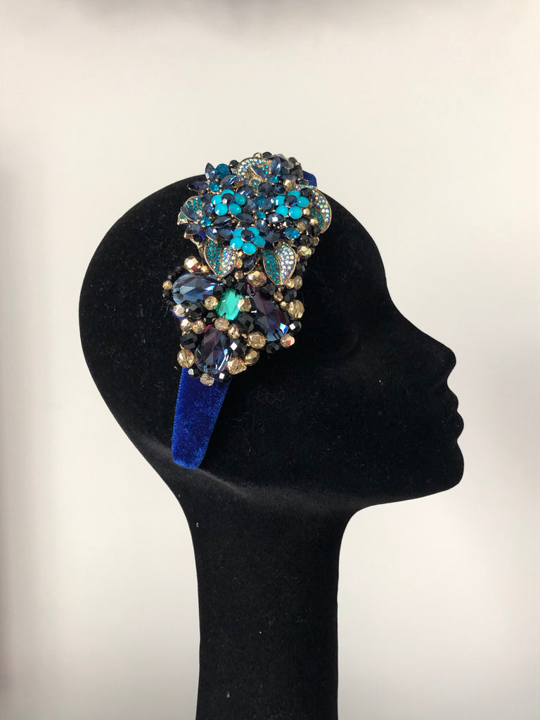Plumeria Headpiece in Turquoise Gold Navy Crystals on a Royal Velvet Headband