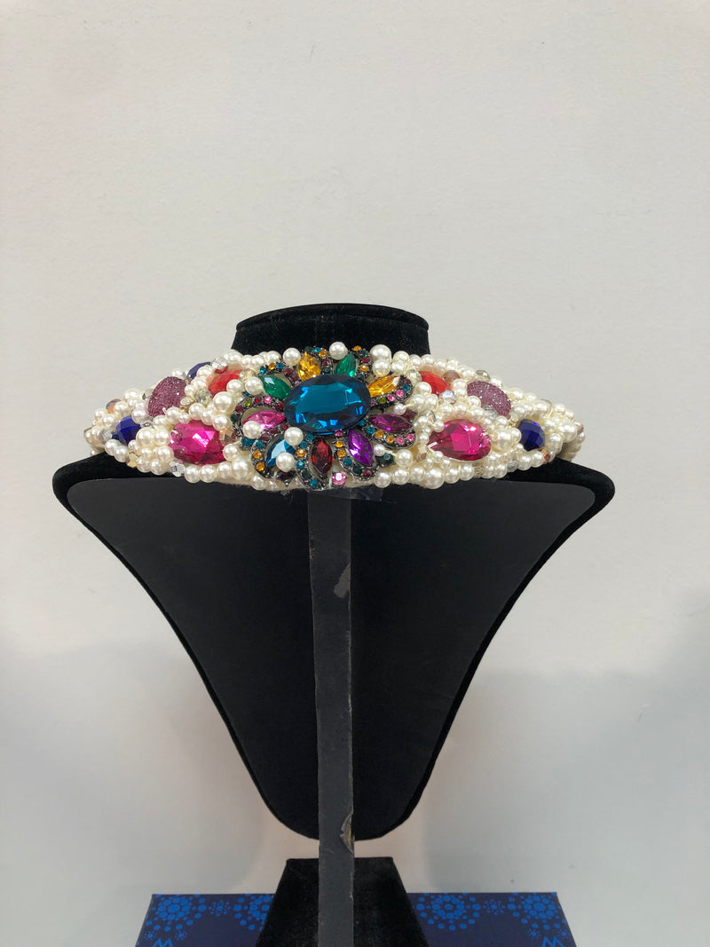Large Collar - Pearl and Multicoloured Crystals