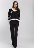 Black and Ivory V Neck Sweater with Gold Button Details
