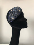 Teardrop in Navy Black and Silver Crystals on Navy Satin