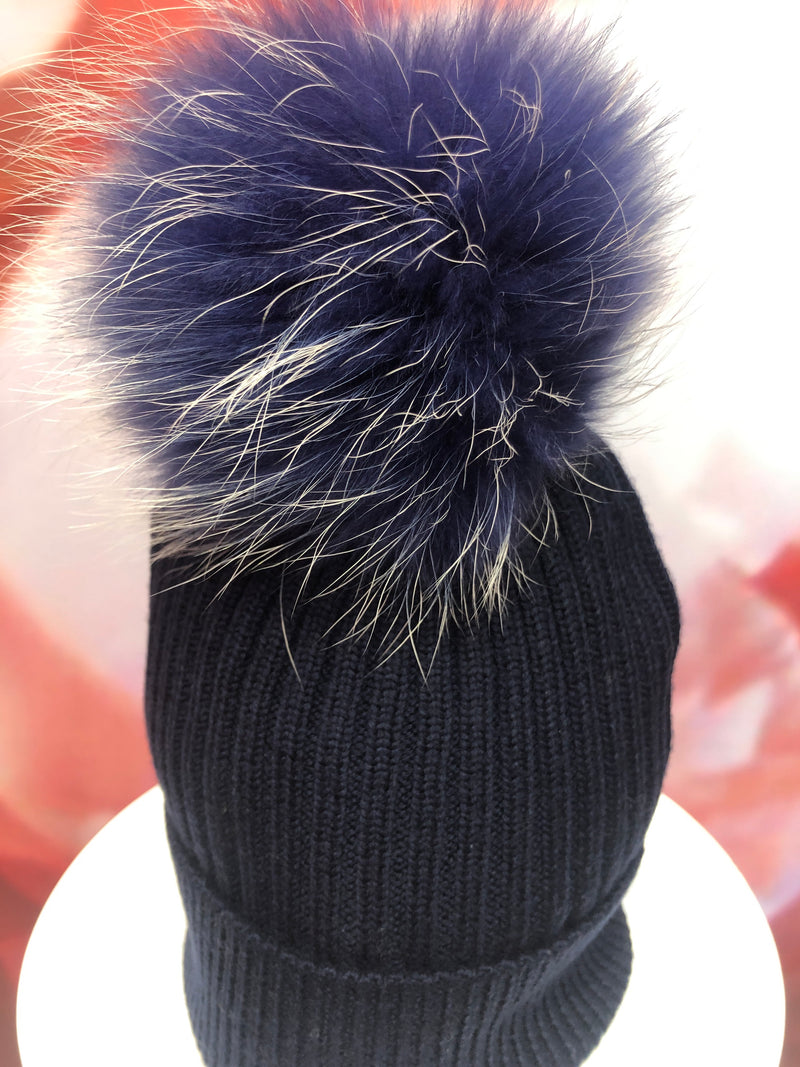 Navy Merino Hat with Navy and Ivory Pom Pom