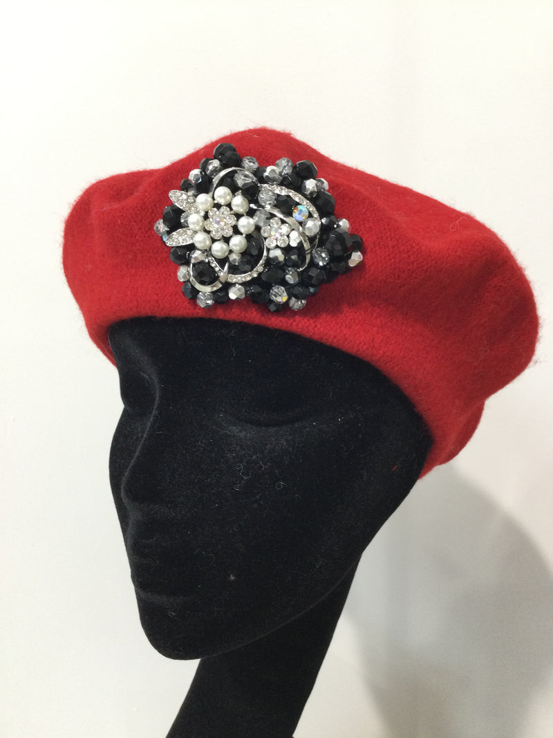Red Beret with Crystal Flower