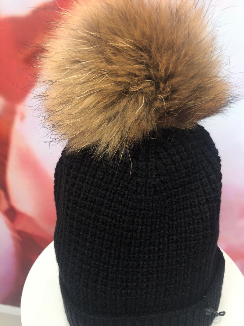 Black Waffle Merino Hat with Natural Pom Pom