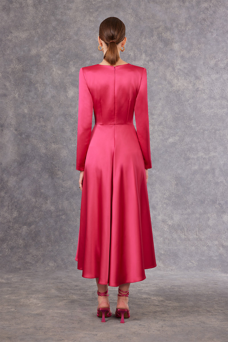 Satin front knot dress in fuchsia