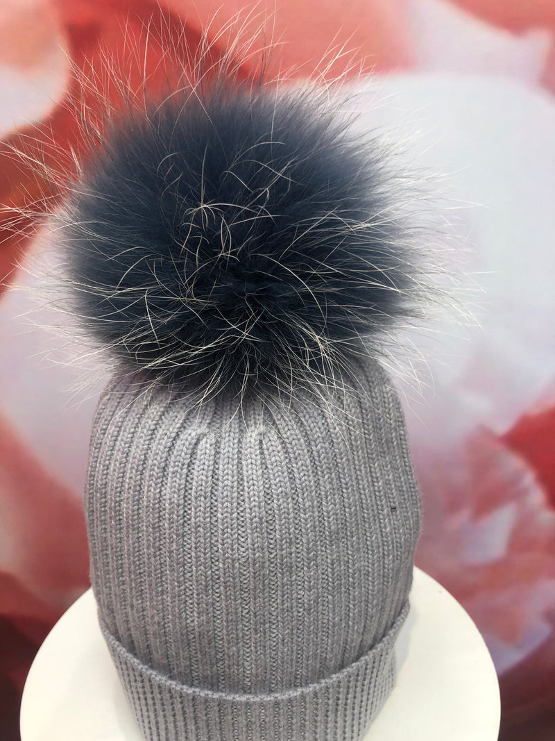 Light Grey Merino Hat with Grey Blue Pom Pom