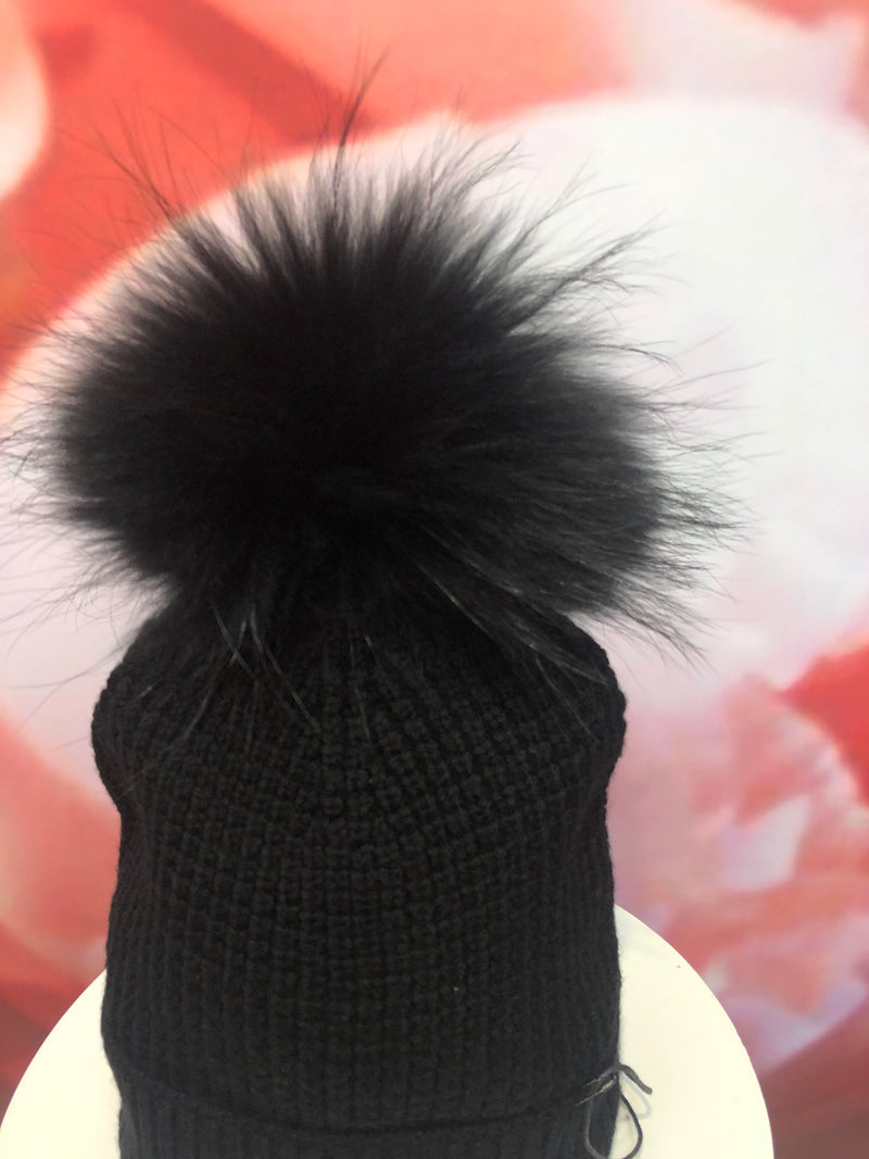 Black Waffle Merino Hat with Black Pom Pom