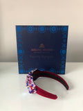 Large Plumeria Headpiece in Red, Pink, Turquoise, Blue and Gold on Red Velvet Band