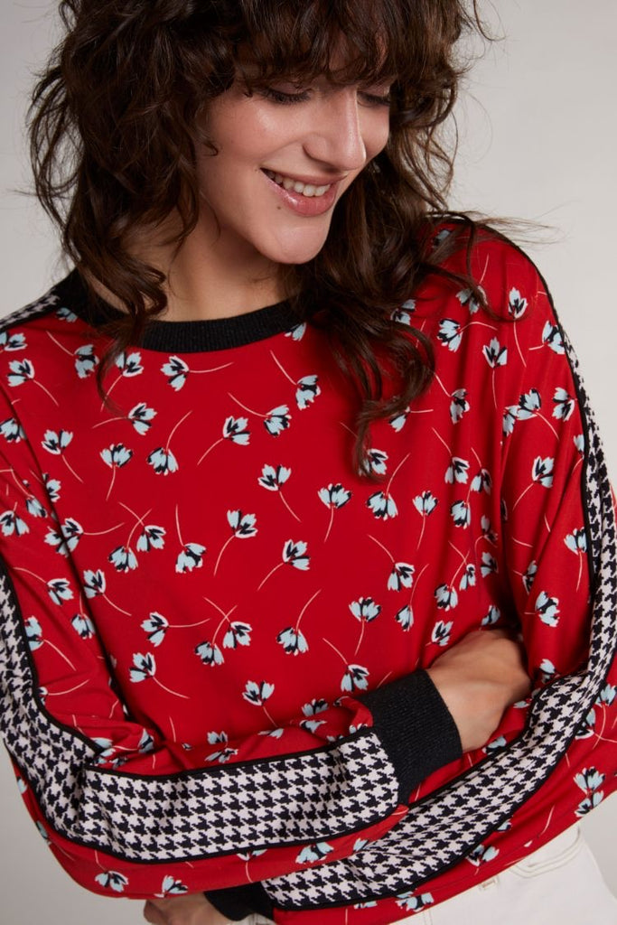 Red Printed Top with Houndstooth Sleeve Trim