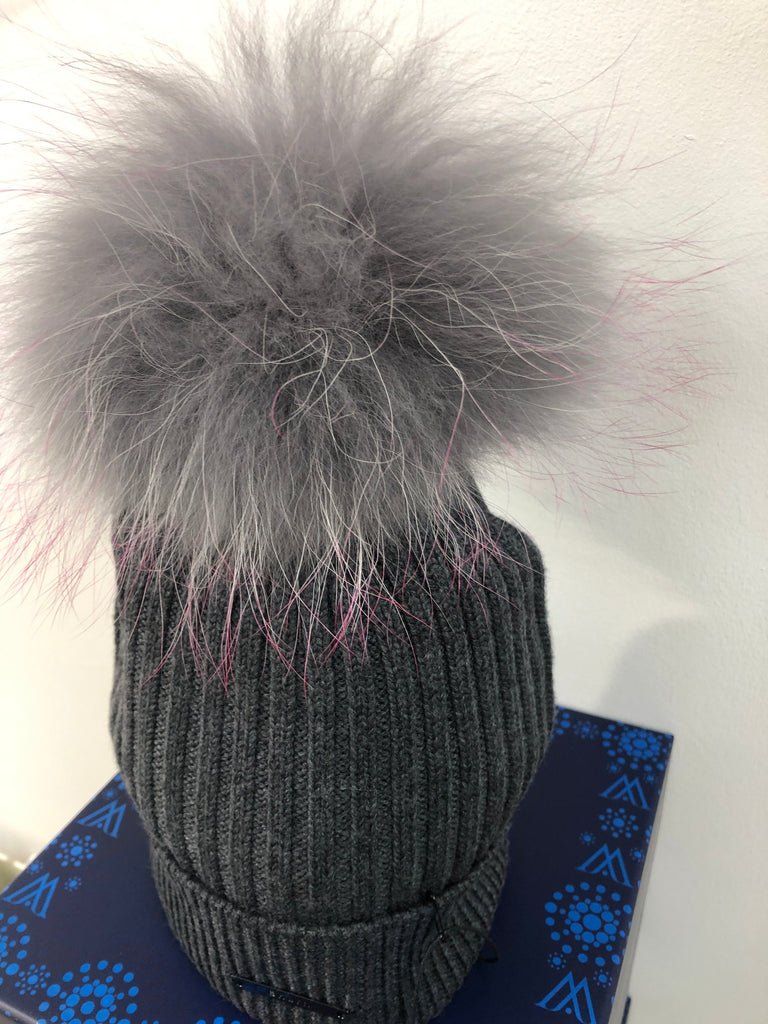 Charcoal Grey Merino Hat with Grey and Pink Pom Pom