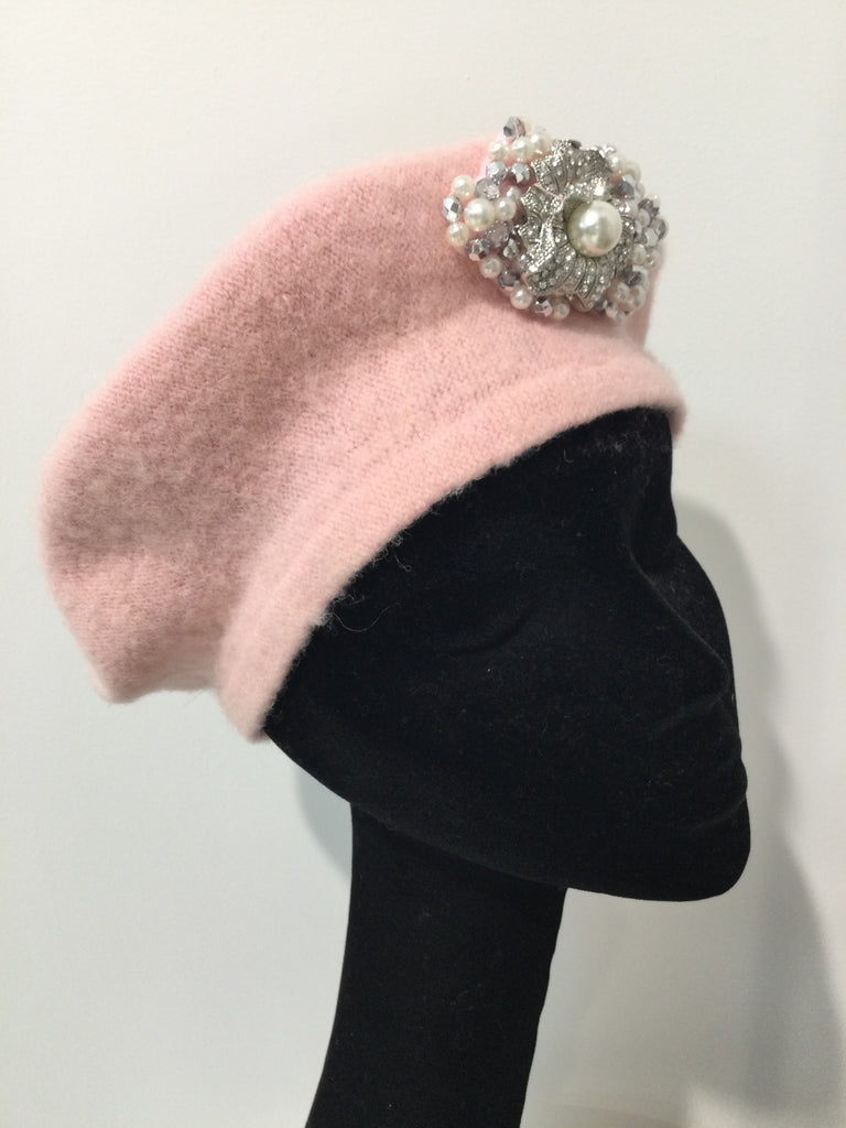Pale Pink Beret with Pearl & Crystals