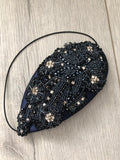 Teardrop in Navy Black and Silver Crystals on Navy Satin
