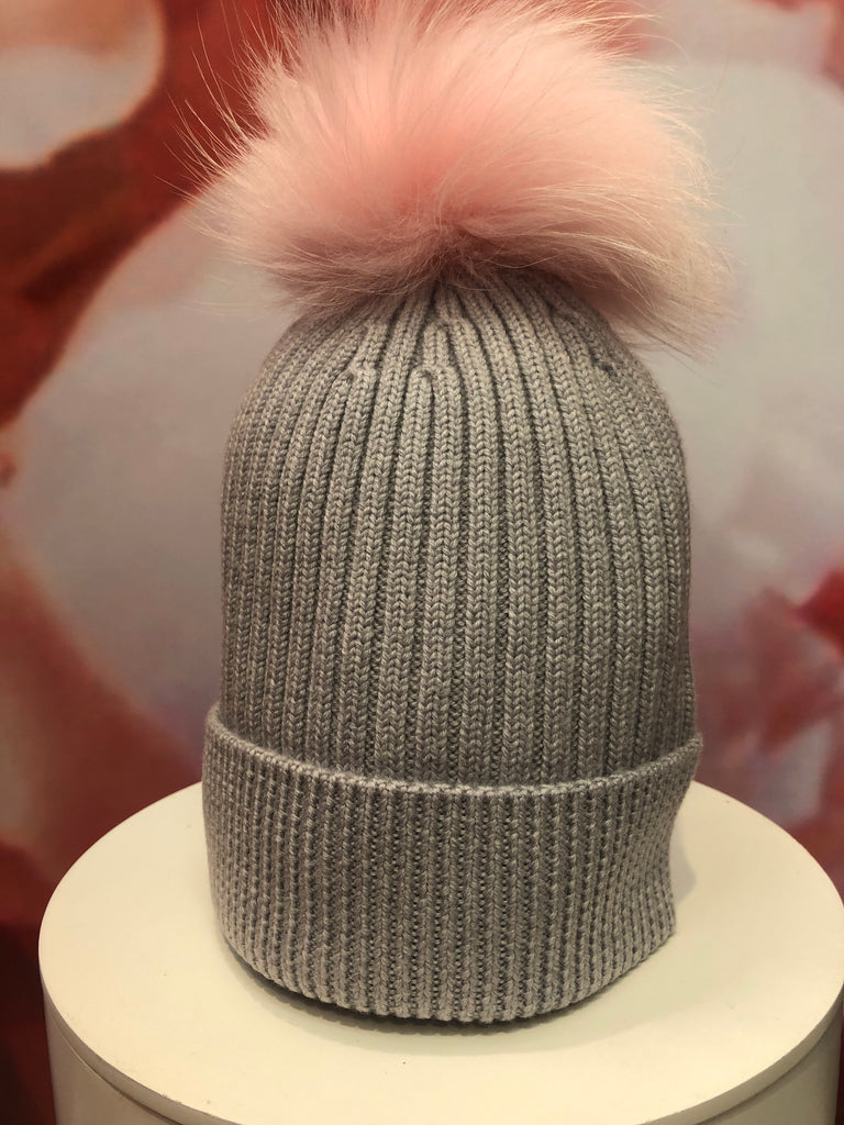 Light Grey Merino Hat with Baby Pink Pom Pom