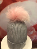 Light Grey Merino Hat with Baby Pink Pom Pom