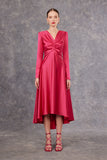 Satin front knot dress in fuchsia