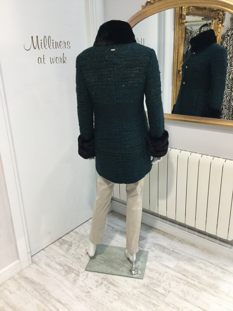 Green Coat with a Black Fur Collar and Cuffs