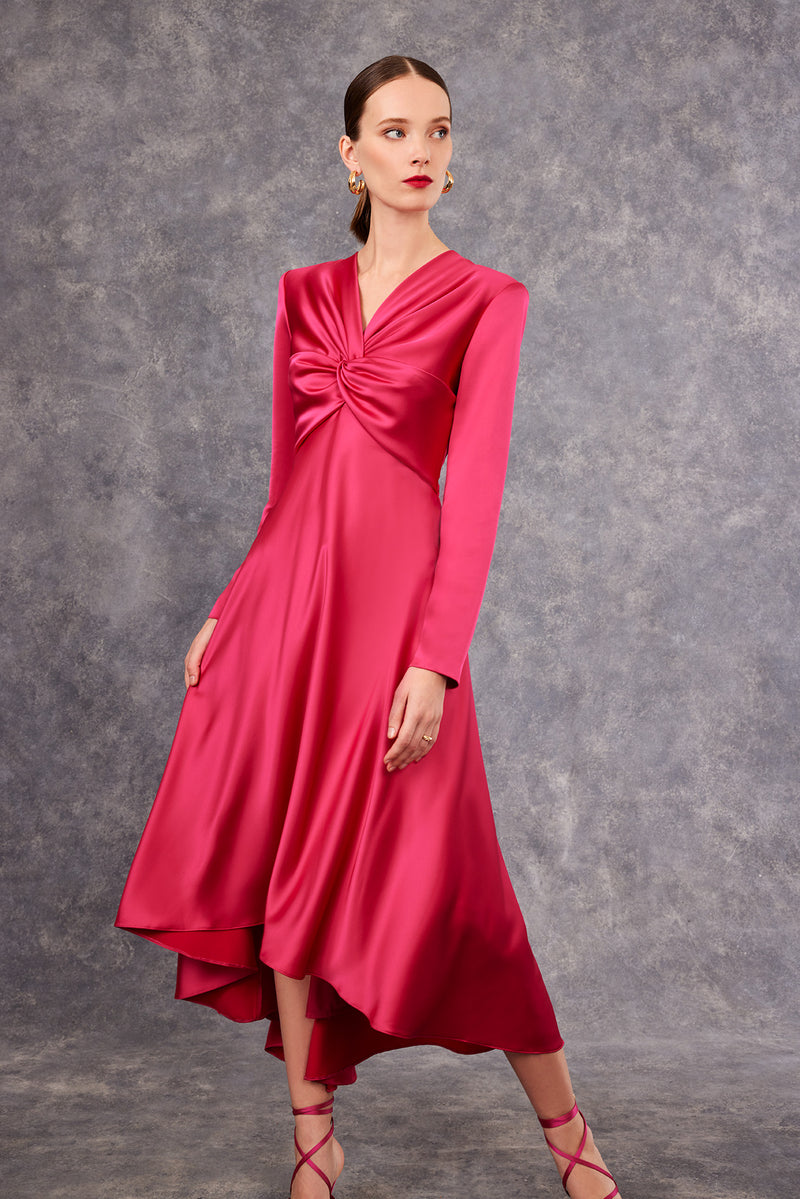 Satin front knot dress in fuchsia