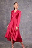 Satin front knot dress in fuchsia