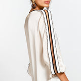 Cream Blouse with Black and Ivory Frill on Sleeve