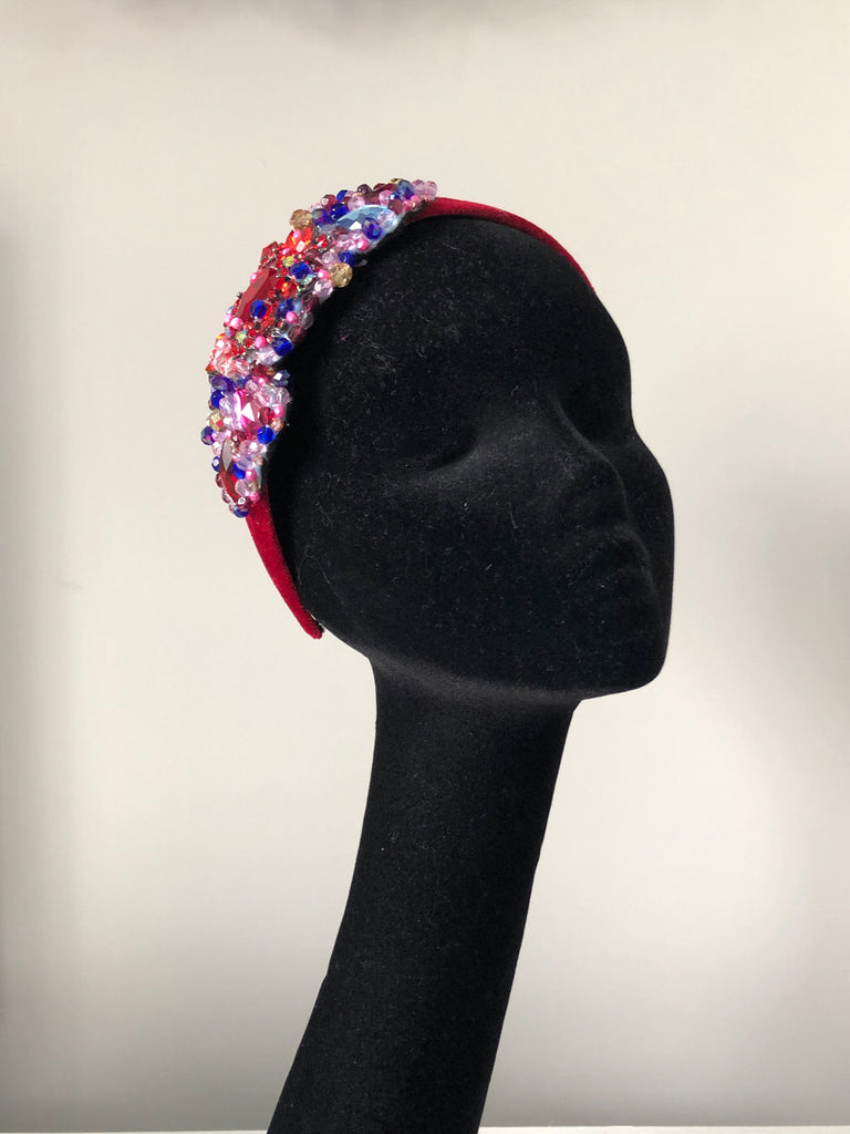 Large Plumeria Headpiece in Red, Pink, Turquoise, Blue and Gold on Red Velvet Band