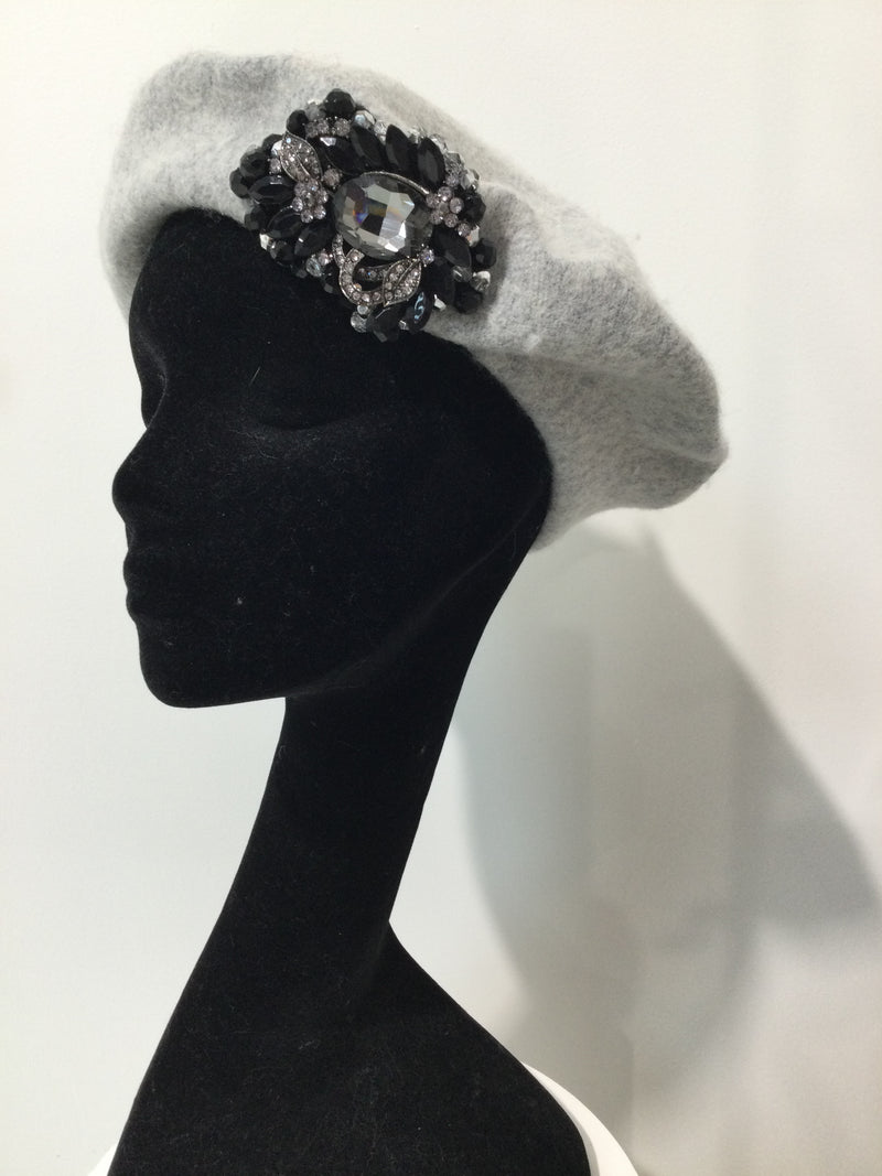Grey Beret with Black Crystals