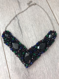 V Collar in Black with Green Blue and Burgundy Crystals