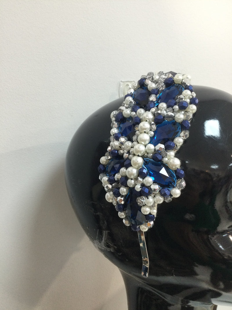 Midnight Blue, silver and pearl large plumeria