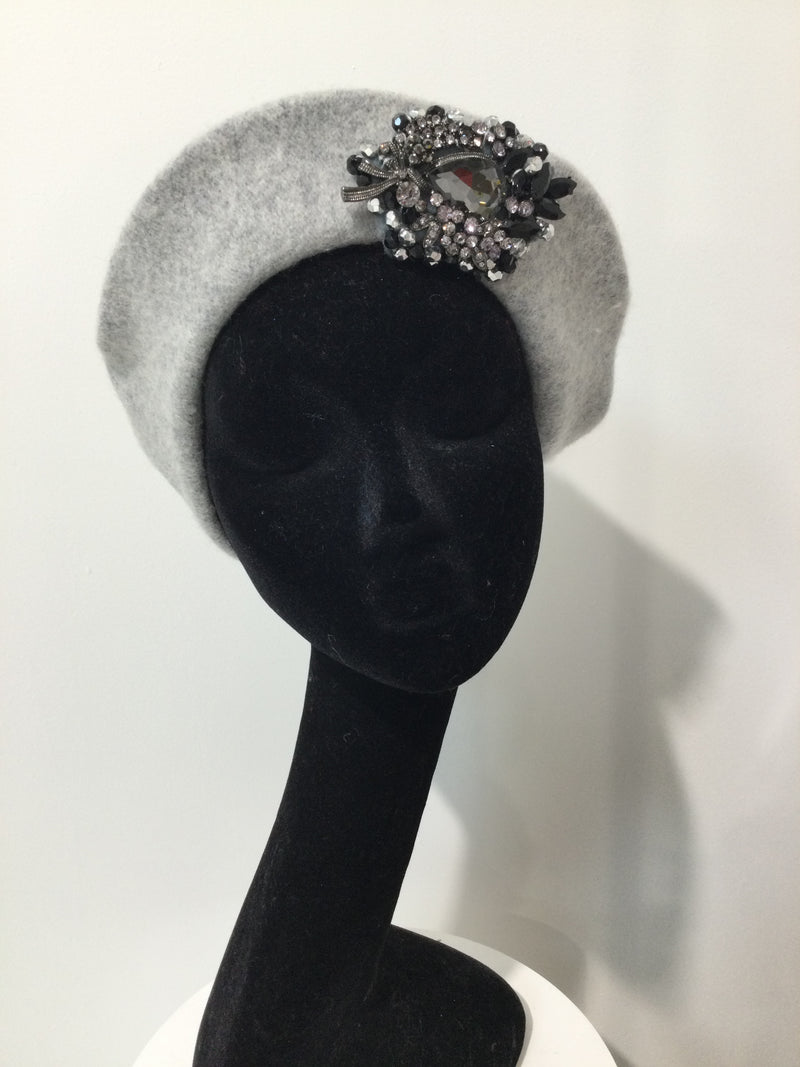 Grey Beret with Black & Pewter Crystals