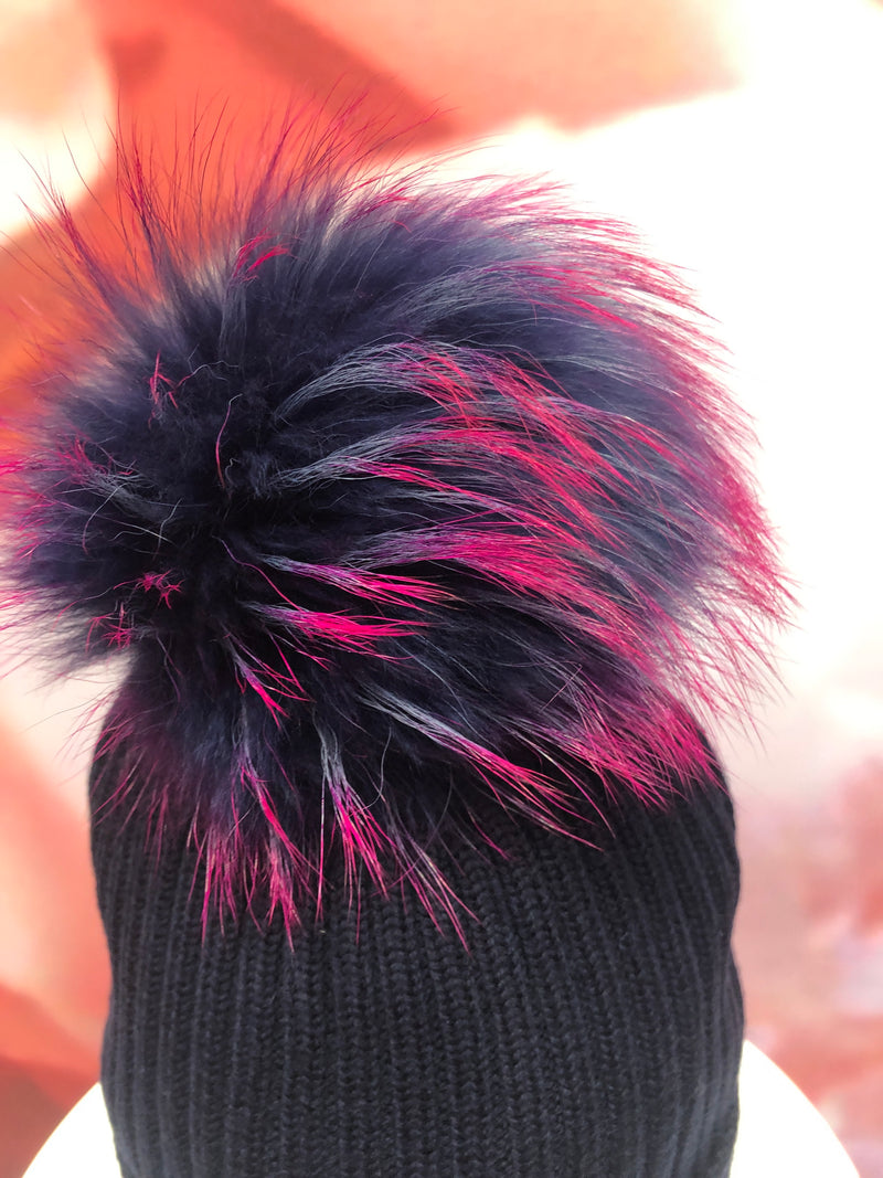 Navy Merino Hat with Navy Pom Pom With Pink Flecks
