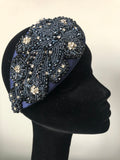 Teardrop in Navy Black and Silver Crystals on Navy Satin