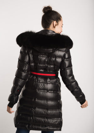 Black Puffa Long Coat with Fur Trimmed Hood