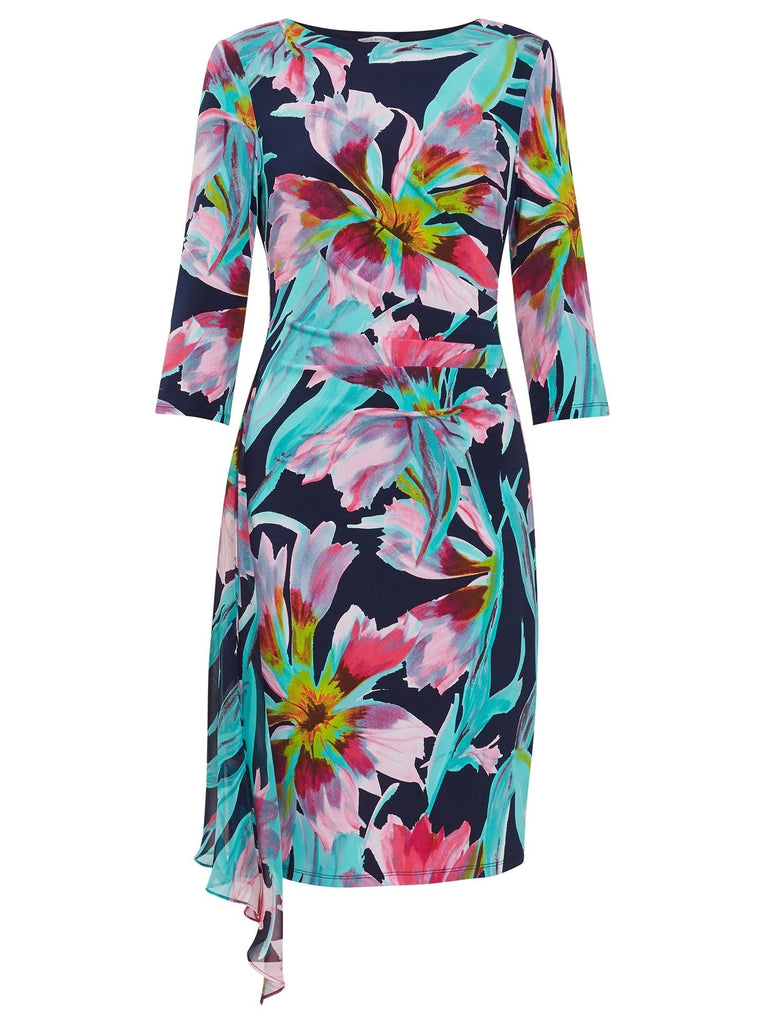 Tropical Print Jersey and Chiffon Dress